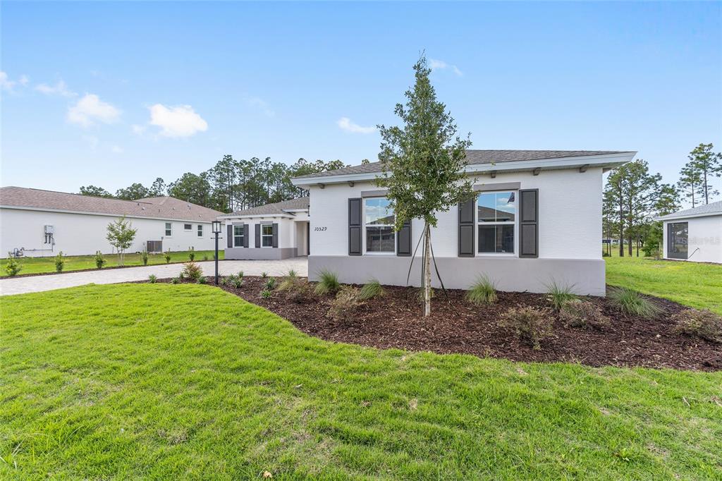 A single-story house with a white stucco exterior, dark shutters, and a paved driveway — 10529 SW 96TH LANE ROAD, OCALA, FL