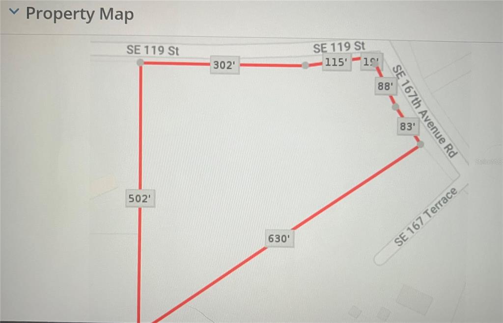 This is a property map showing the boundary lines and dimensions of a land parcel — TBD SE 119 STREET, OCKLAWAHA, FL