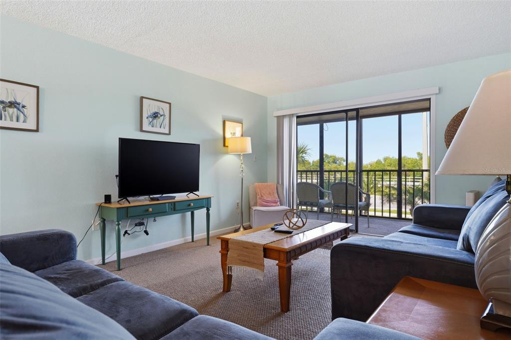 A living room features blue sofas, a wooden coffee table, and a sliding glass door — 14459 RIVER BEACH DRIVE UNIT B 110, PORT CHARLOTTE, FL