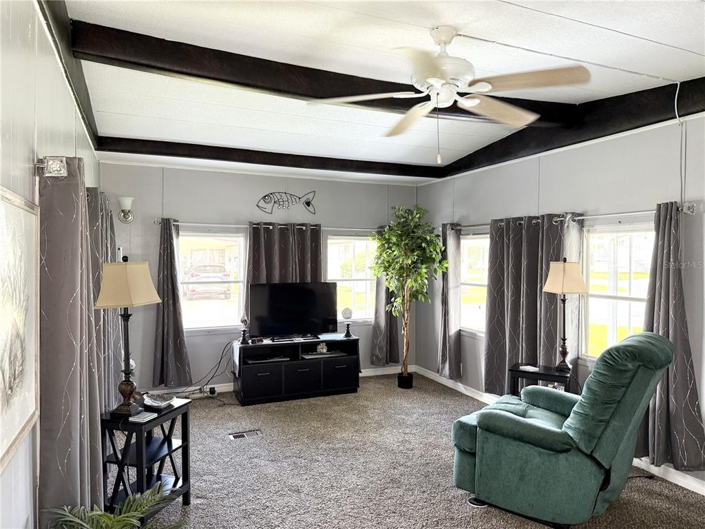 A living room features gray walls, dark ceiling beams, a ceiling fan, and carpeted flooring — 34543 SWEETPEA LANE, ZEPHYRHILLS, FL