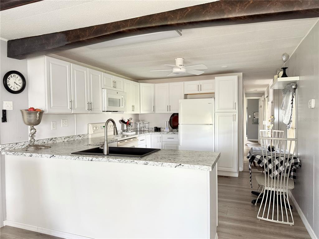 A kitchen features white cabinets, granite countertops, a black sink, and a ceiling fan — 34543 SWEETPEA LANE, ZEPHYRHILLS, FL