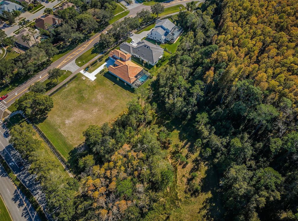 An aerial view shows a residential property with a large vacant lot and wooded area — 4390 TARPON LAKE BOULEVARD, PALM HARBOR, FL