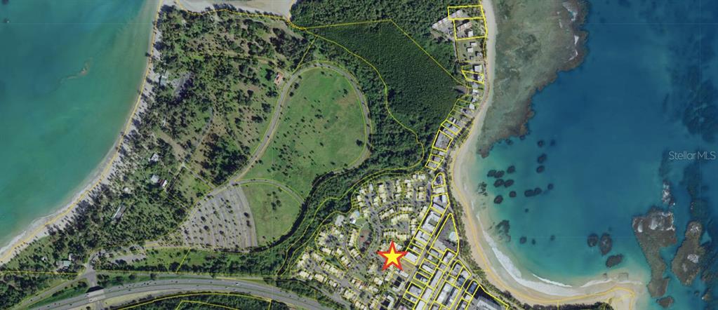 This aerial map shows a coastal residential area with a red star marking a property — 144 PLAZA VIRGEN GORDA, LUQUILLO, PR