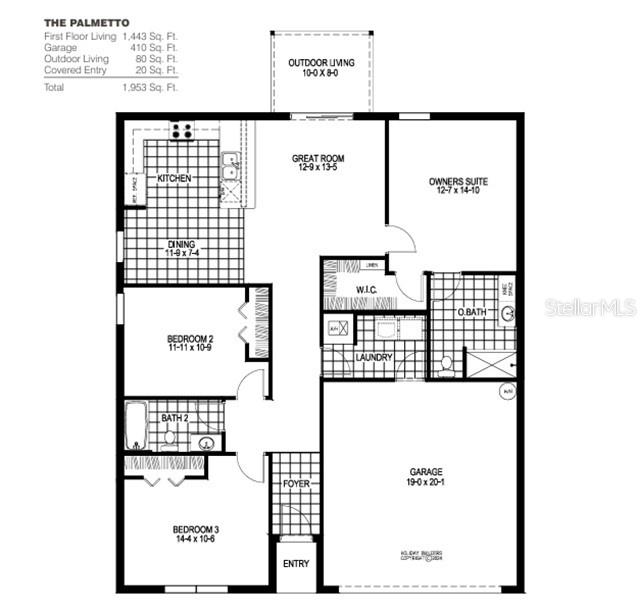 This is a floor plan for a three-bedroom, two-bathroom home called The Palmetto — 3024 CASCADE CIRCLE, LAKE WALES, FL