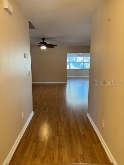 A hallway with wood-look flooring leads into a living area with a ceiling fan — 9759 SW 97TH LANE, OCALA, FL
