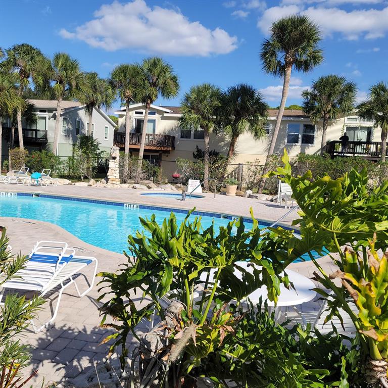 A swimming pool and hot tub are surrounded by lounge chairs and palm trees — 7644 SAILWINDS PASS, PORT RICHEY, FL