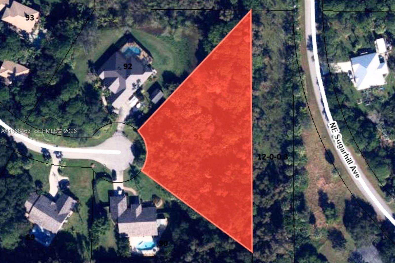 This is an aerial map view of a vacant, triangular-shaped residential lot — 3509 NE M Cari Ln, Jensen Beach FL 34957, JENSEN BEACH, FL