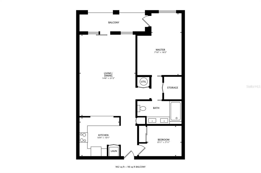 This is a floor plan for a one-bedroom apartment with a balcony and utility room — 78 GULF BOULEVARD UNIT 5, INDIAN ROCKS BEACH, FL