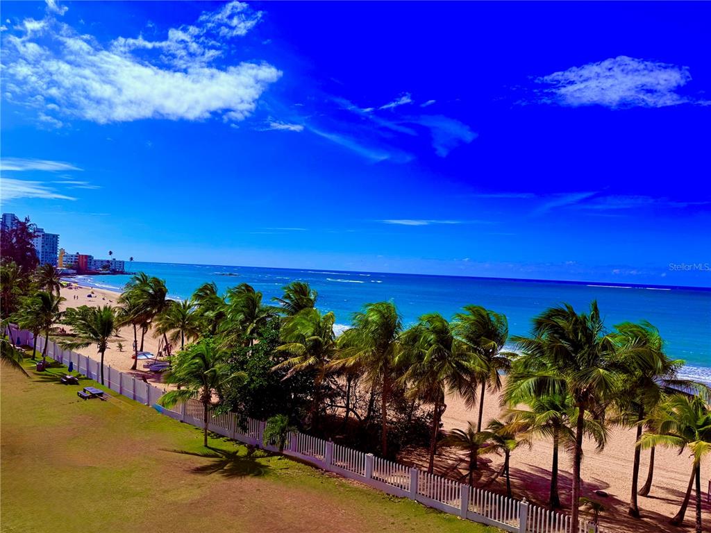 An elevated view of a sandy beach with palm trees and the ocean beyond — 1 HORIZONTE UNIT 514, CAROLINA, PR