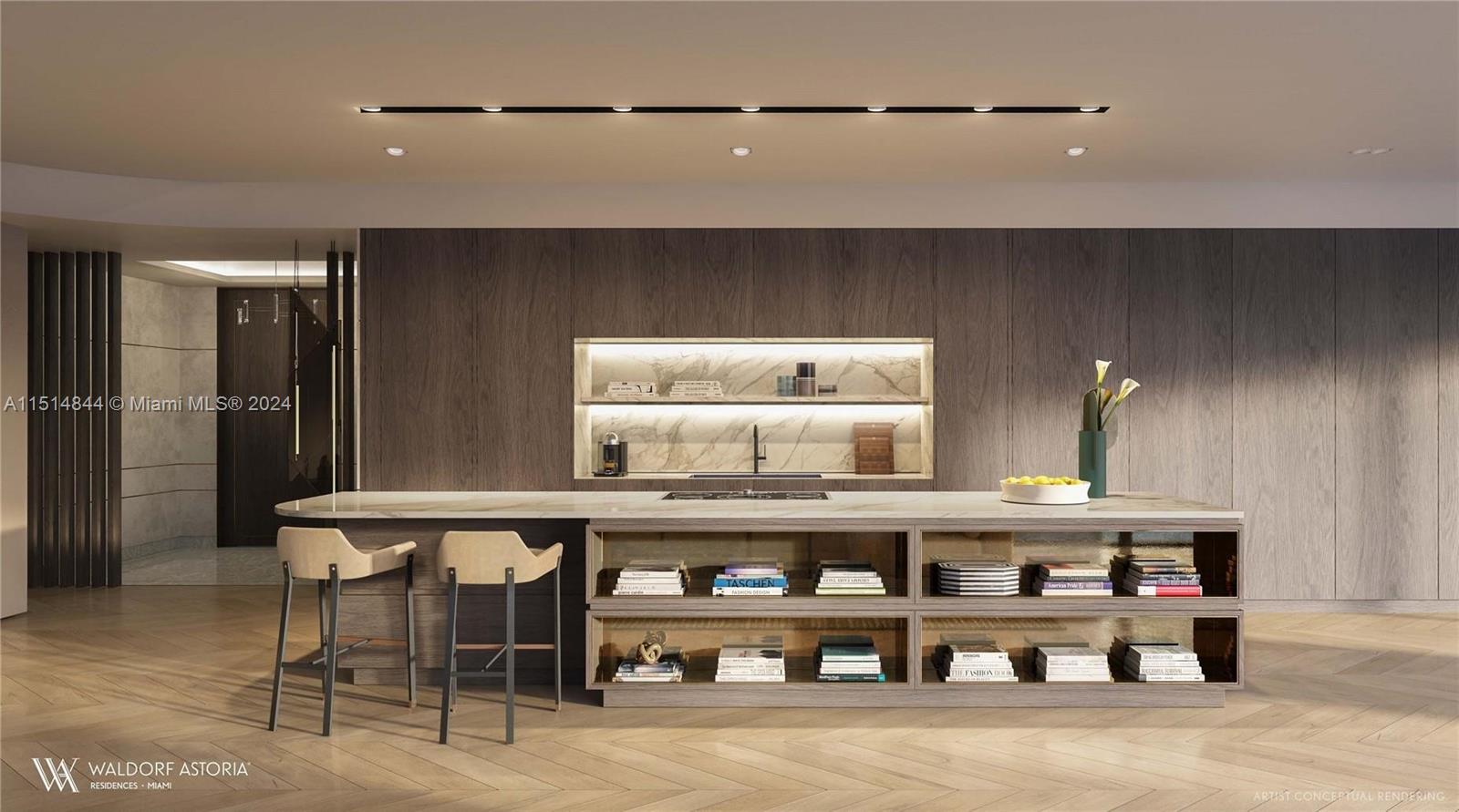 This is a rendering of a modern kitchen featuring a large island with open shelving — 300 N Biscayne Blvd # 7801, Miami FL 33132, MIAMI, FL