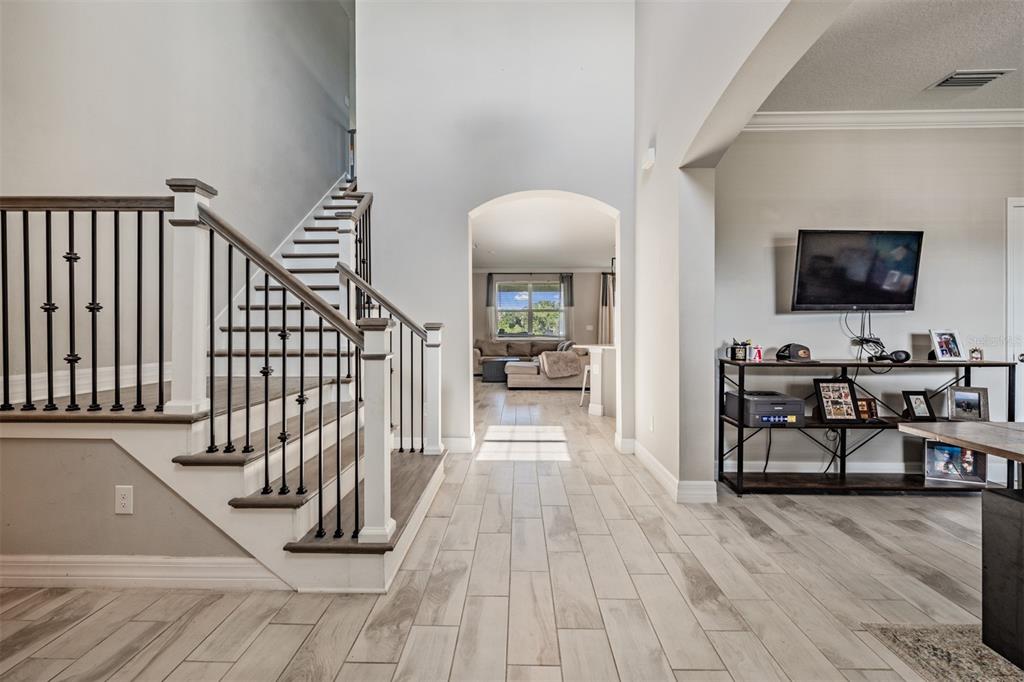 A foyer with wood-look tile flooring, a staircase with iron railings, and an arched entryway — 13418 LAKEVIEW OAKS LANE, RIVERVIEW, FL