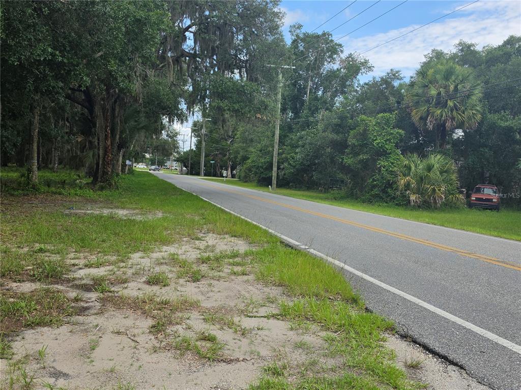 A paved road stretches into the distance past a grassy lot and wooded area — 180 OAK DRIVE, OSTEEN, FL