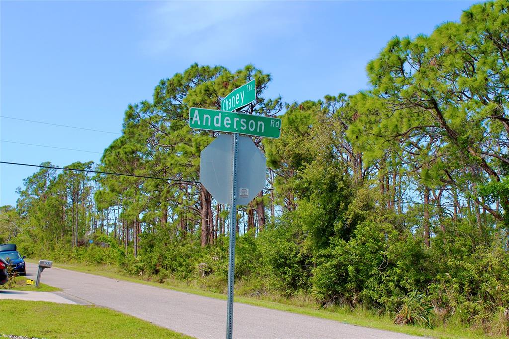 A street sign for Anderson Road and Chaney Terrace stands beside a paved road — 5237 CHANEY TERRACE, PORT CHARLOTTE, FL