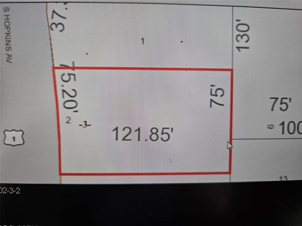This is a property map showing a rectangular lot with dimensions of 75 feet by 121.85 feet — 3837 S HOPKINS AVENUE, TITUSVILLE, FL