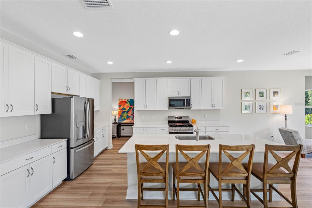 A kitchen with white cabinets, stainless steel appliances, a center island, and four wooden chairs — 14868 SUMMER BRANCH DRIVE, LITHIA, FL