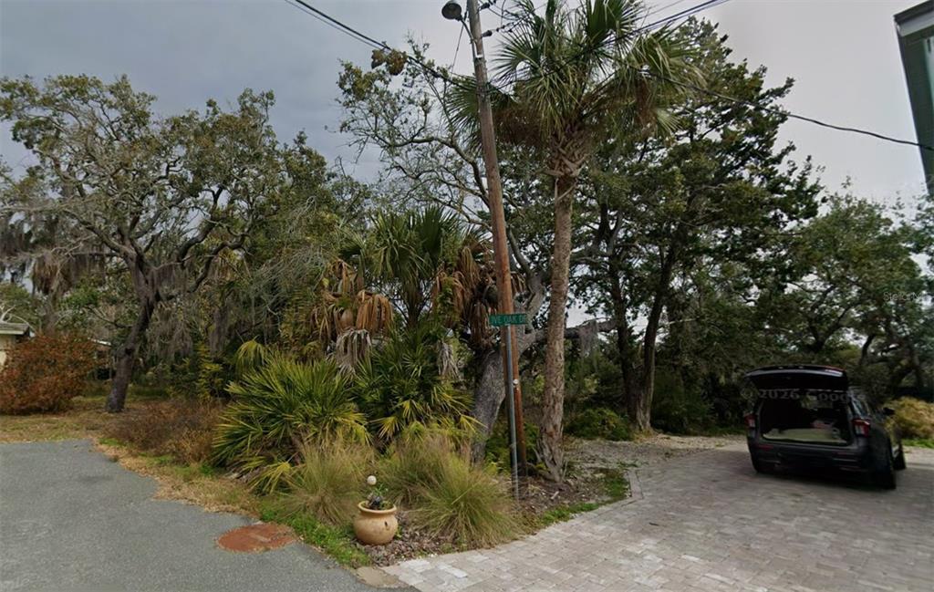 A paved driveway leads to a wooded area with a street sign and palm trees — 12425 CEDAR ST, CEDAR KEY, FL