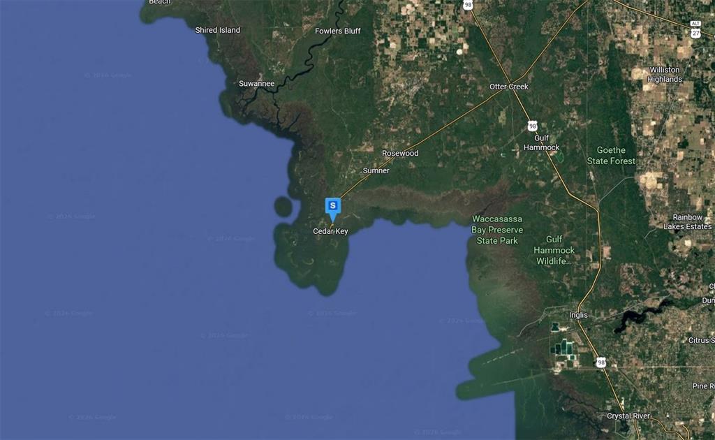 This is a satellite map showing the coastal region of Florida near Cedar Key — 12425 CEDAR ST, CEDAR KEY, FL