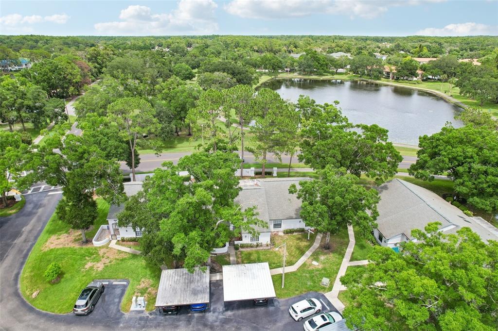 An aerial view shows a residential building with carports, surrounding trees, and a nearby lake — 3878 TANAGER PLACE, PALM HARBOR, FL