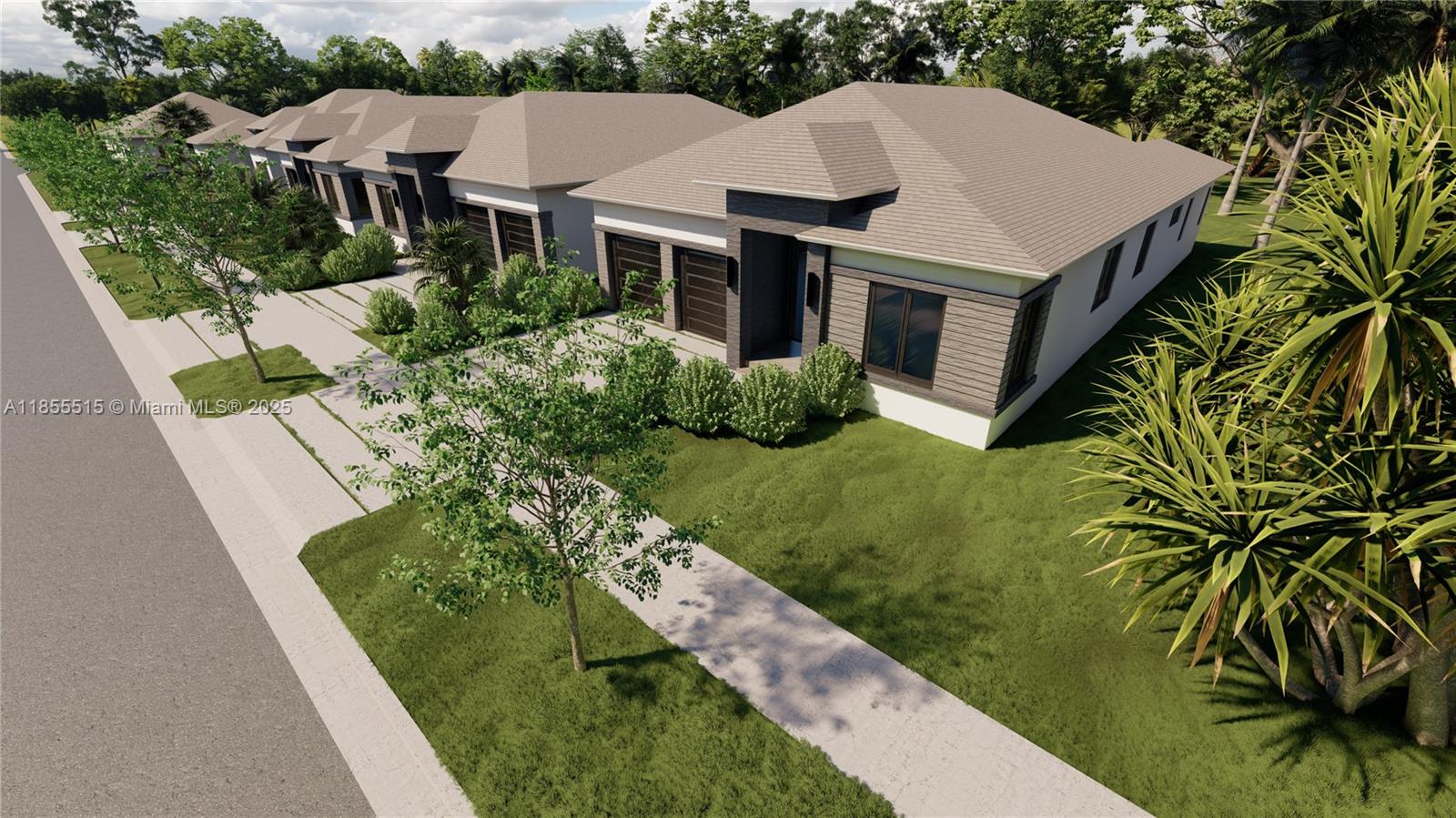 This is a digital rendering of a row of modern single-story houses with attached garages — 13050 SW 228th St, Miami FL 33170, MIAMI, FL