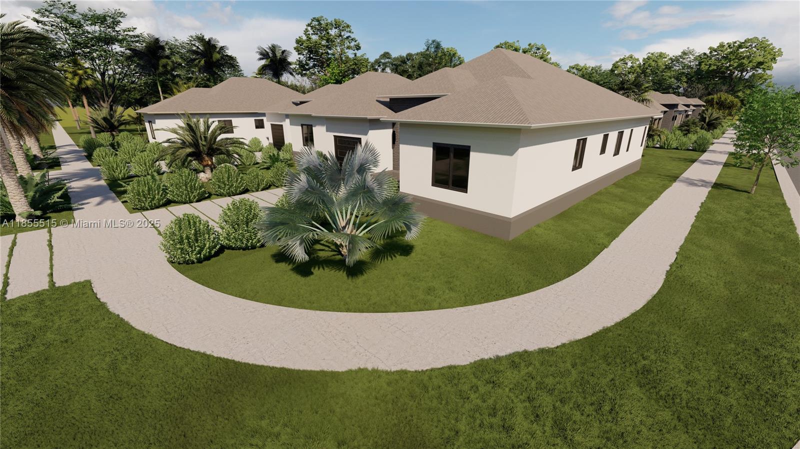 This is a digital rendering of a single-story house with a driveway and landscaping — 13050 SW 228th St, Miami FL 33170, MIAMI, FL