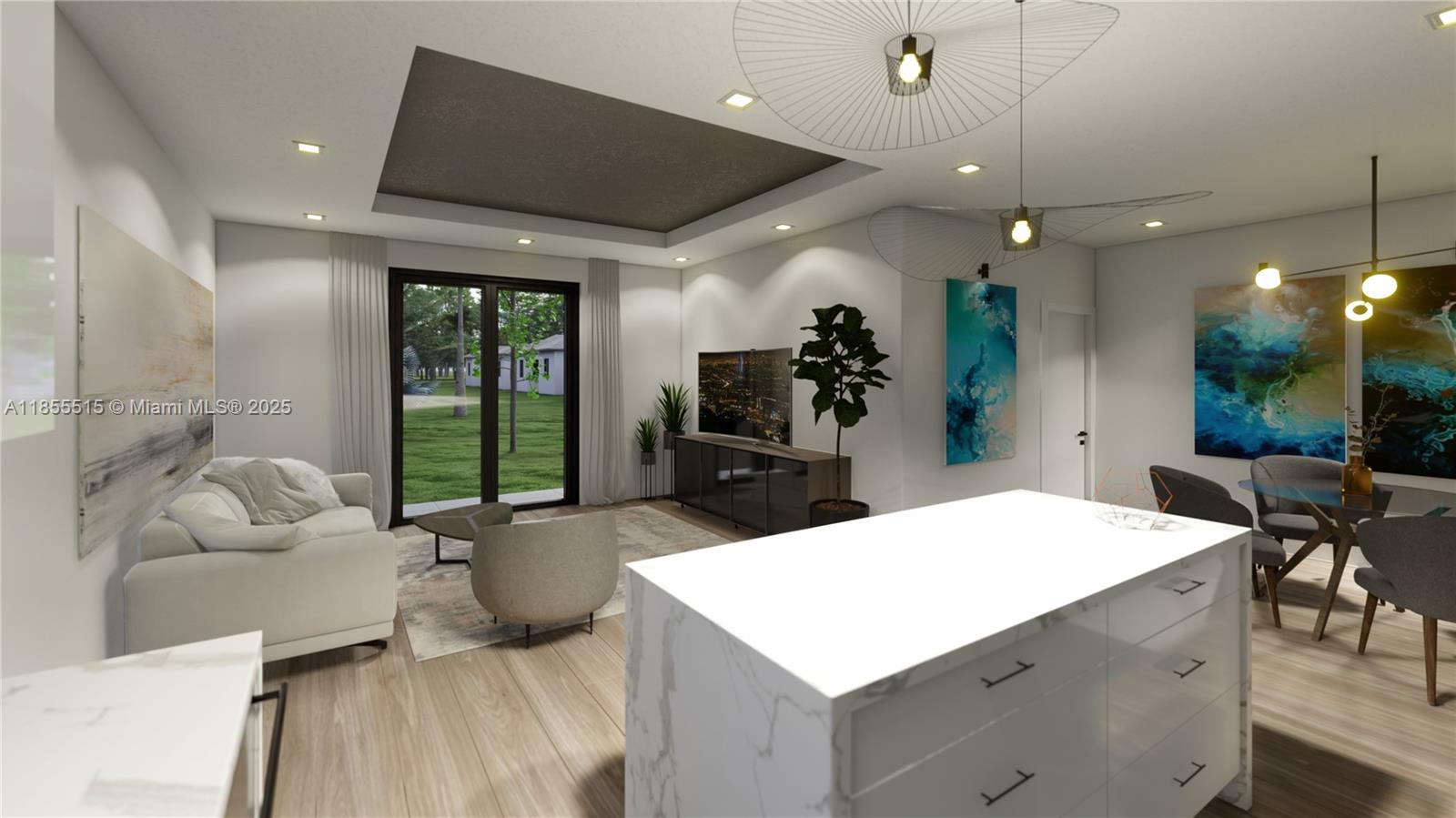 This is a rendering of an open-concept living and dining area with modern finishes — 13050 SW 228th St, Miami FL 33170, MIAMI, FL