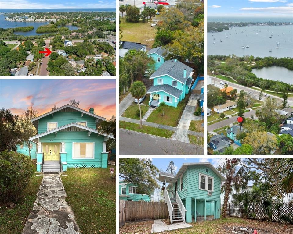 An aerial view shows a residential neighborhood with a red arrow pointing toward a house — 626 37TH AVENUE S, ST PETERSBURG, FL