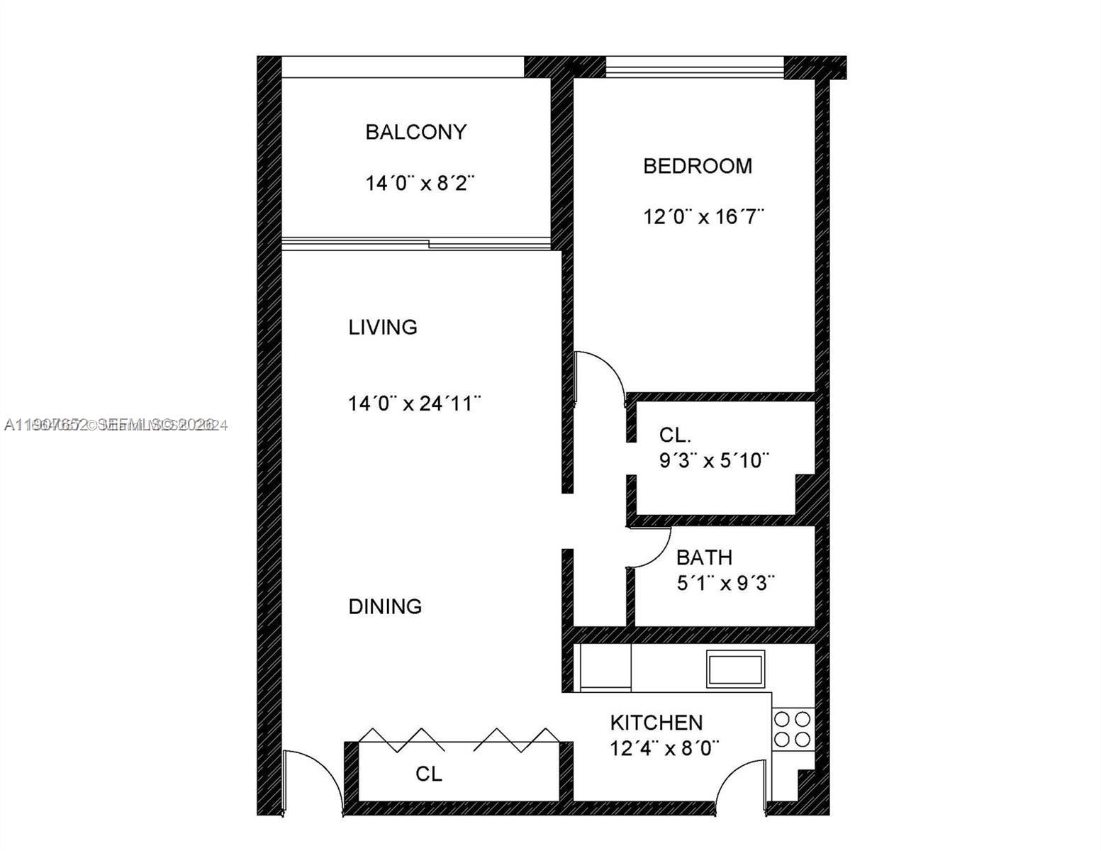 This is a floor plan for a one-bedroom apartment with a balcony and kitchen — 5005 Collins Ave # 1523, Miami Beach FL 33140, MIAMI BEACH, FL