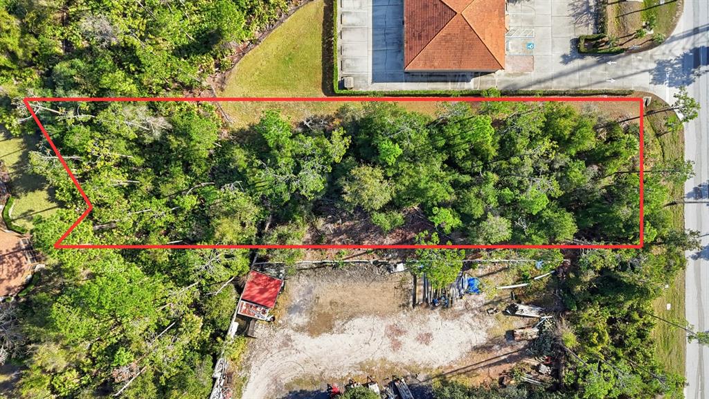 An aerial view shows a rectangular, wooded lot outlined in red next to a building — 19 UTILITY DRIVE, PALM COAST, FL