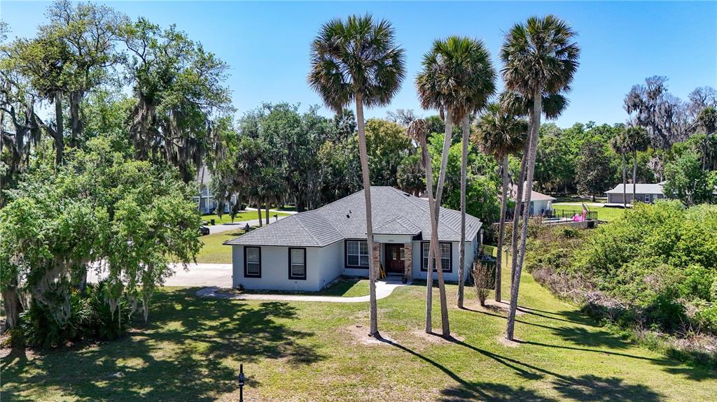 A single-story house with a gray exterior and dark roof stands among tall palm trees — 28931 BEAUCLAIRE DRIVE, TAVARES, FL