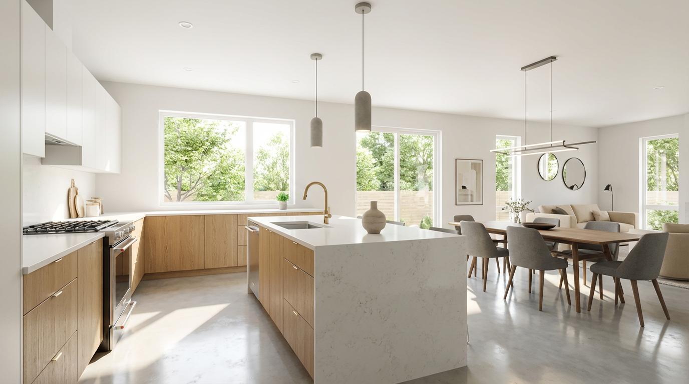 A rendering of a modern kitchen with light wood cabinets, white countertops, and concrete floors — 917 Sterling Street E, Lehigh Acres FL 33974, LEHIGH ACRES, FL