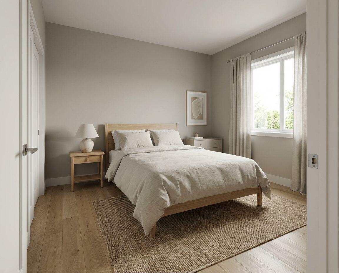 This is a rendering of a neutral-toned bedroom featuring a wooden bed and light flooring — 917 Sterling Street E, Lehigh Acres FL 33974, LEHIGH ACRES, FL