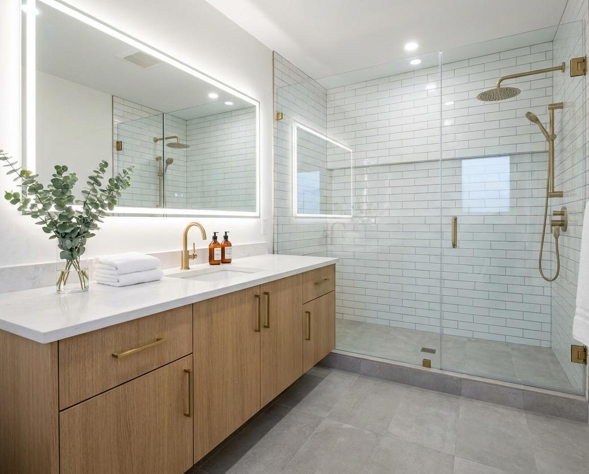 A modern bathroom features a wood vanity, white subway tile shower, and gold-toned fixtures — 917 Sterling Street E, Lehigh Acres FL 33974, LEHIGH ACRES, FL