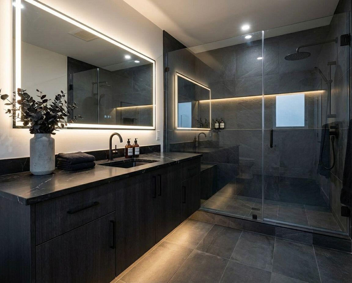 A modern bathroom features a dark wood vanity, marble countertop, and a glass-enclosed walk-in shower — 917 Sterling Street E, Lehigh Acres FL 33974, LEHIGH ACRES, FL