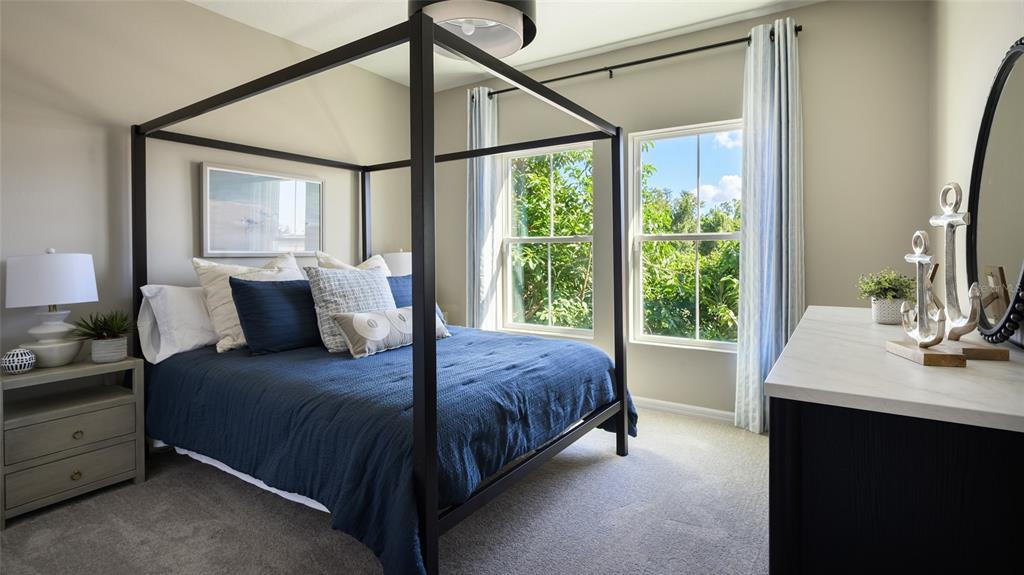 A bedroom features a black canopy bed, blue bedding, two windows, and a white dresser — 31691 OYSTER TRELLIS LANE, WESLEY CHAPEL, FL