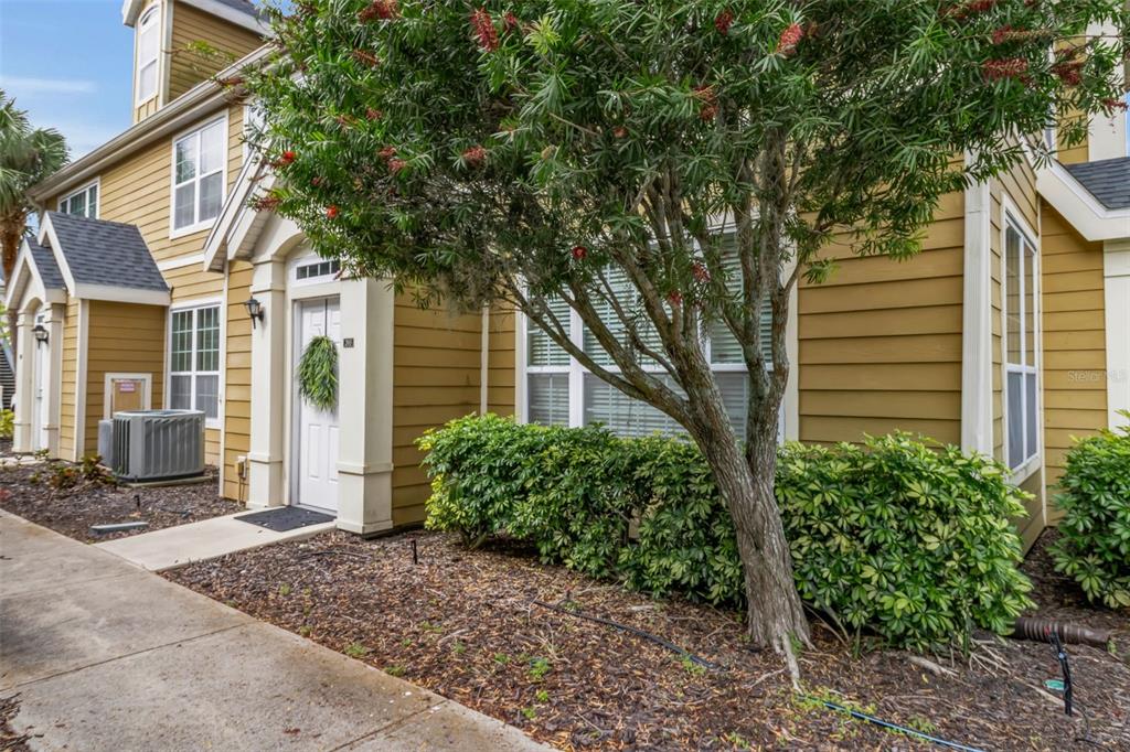 A tan two-story townhouse exterior features a white front door, a small tree, and landscaping — 5511 ROSEHILL ROAD UNIT 203, SARASOTA, FL