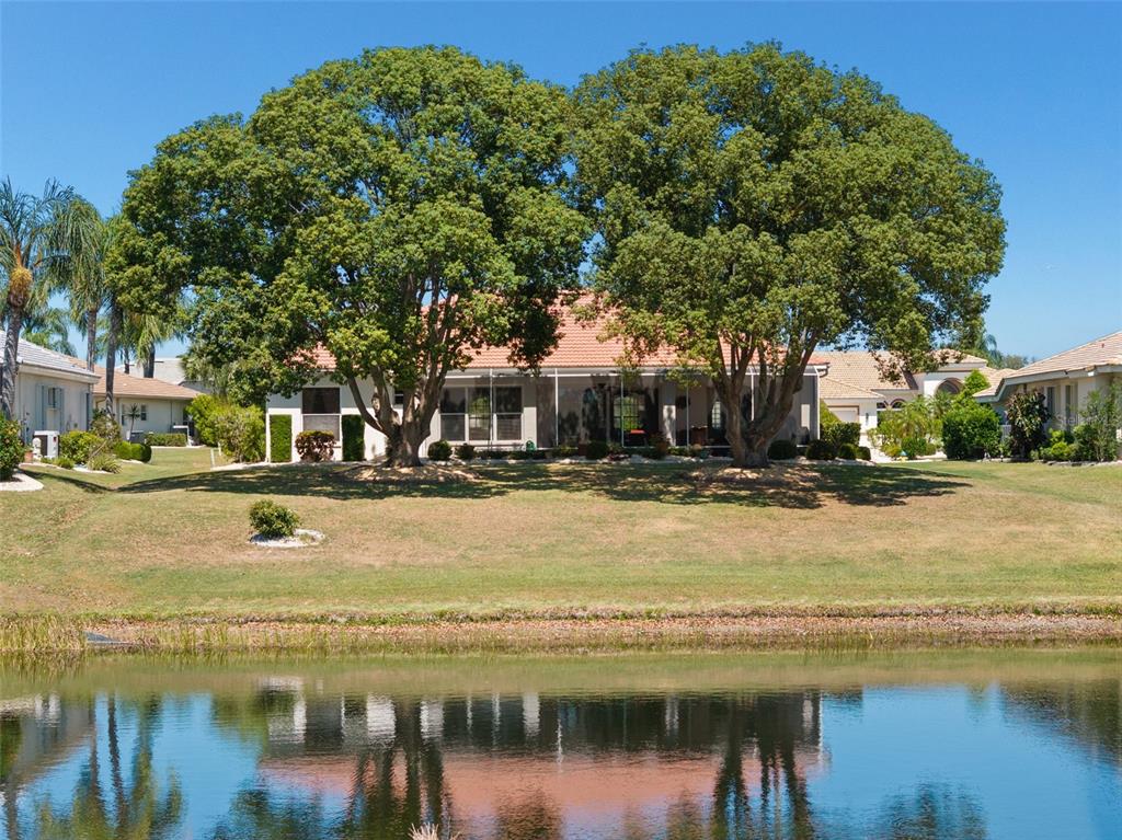 A house with a screened-in patio sits behind two large trees overlooking a pond — 1134 SIGNATURE DRIVE, SUN CITY CENTER, FL