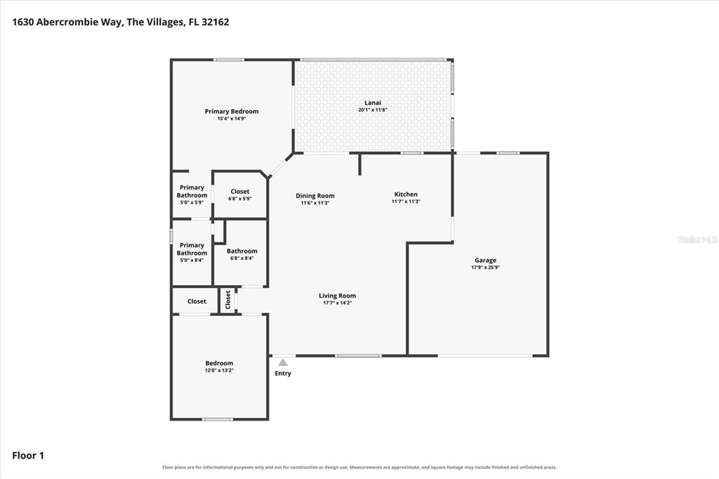 This is a floor plan showing the layout of a single-story residential home — 1630 ABERCROMBIE WAY, THE VILLAGES, FL