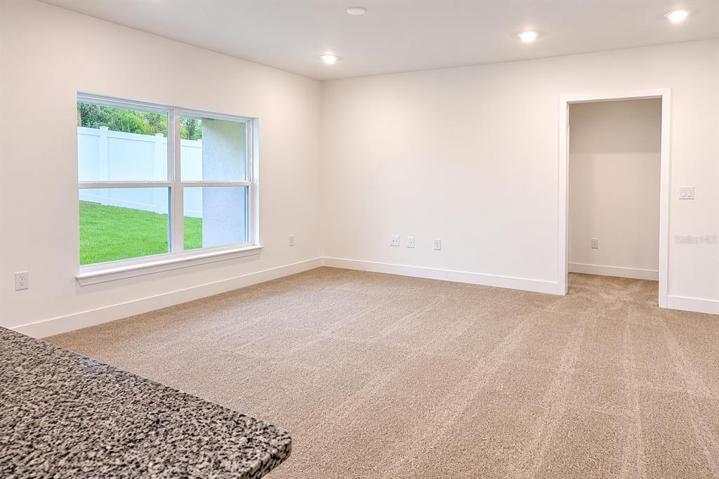 An empty room with beige carpet, white walls, a large window, and a doorway — 259 VERNY GROVE LANE, LEESBURG, FL