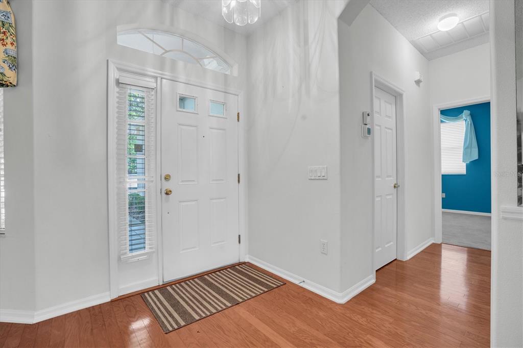 A bright entryway features a white front door, hardwood flooring, and a hallway leading inside — 1510 MORNING ROSE PLACE, TRINITY, FL
