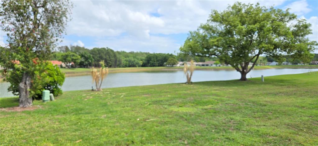 A grassy lawn overlooks a pond with trees and houses in the background — 5445 SANDY HILL DRIVE, ORLANDO, FL