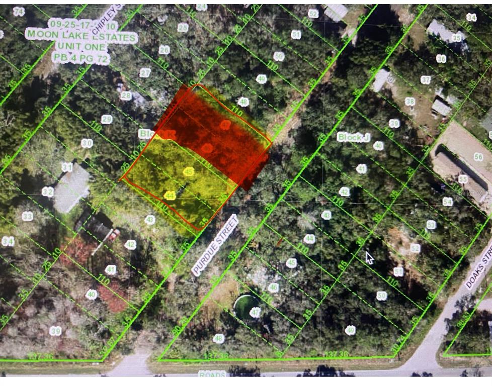 An aerial map view shows two highlighted adjacent land parcels located along a residential street — 0 PURDUE STREET, NEW PORT RICHEY, FL