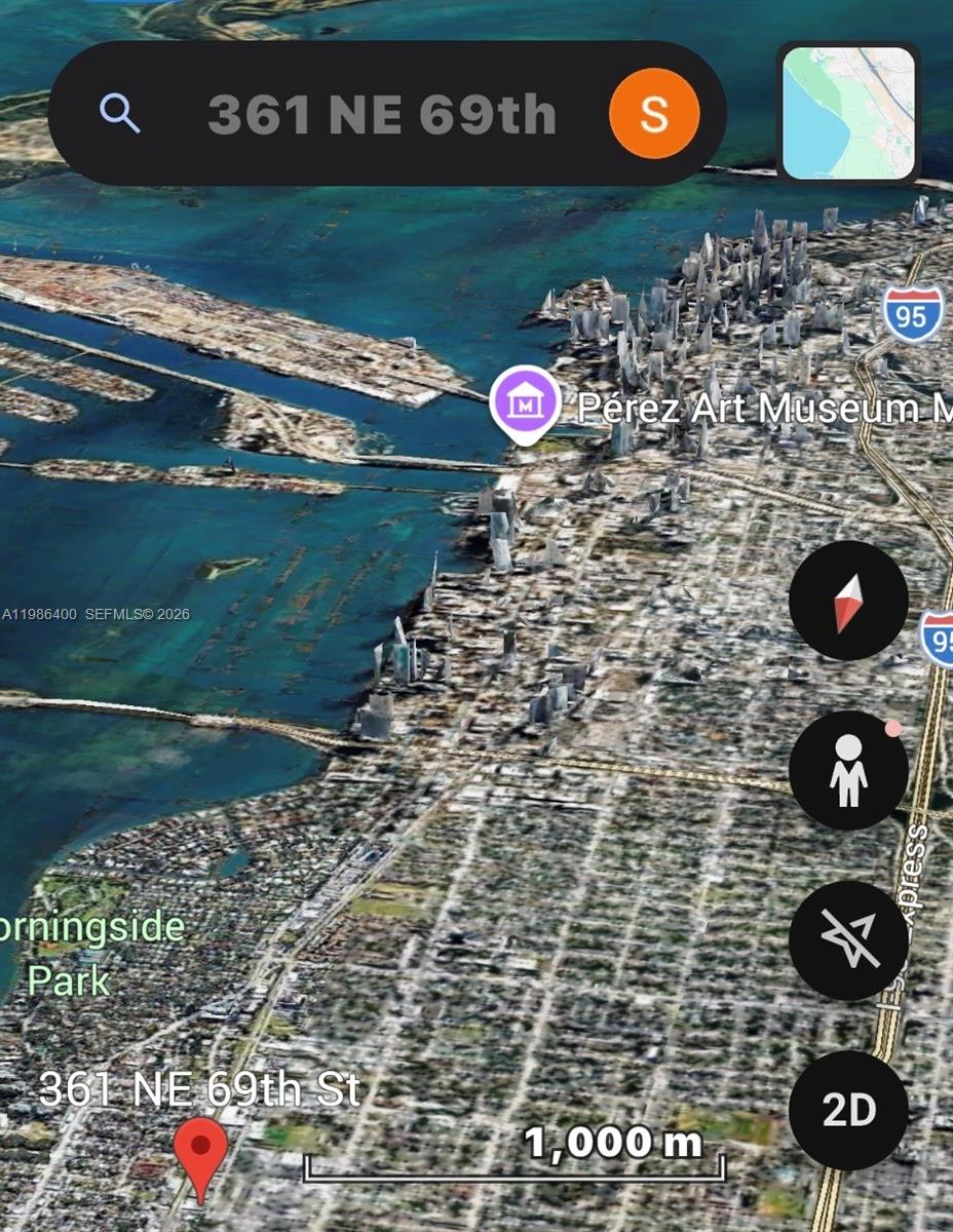 This is a satellite map view showing a residential area near the Miami coastline — 361 NE 69th St, Miami FL 33138, MIAMI, FL