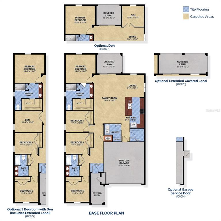 This floor plan shows various layout configurations for a home with a garage and lanai — 6866 SPANISH IMPERIAL STREET, HOWEY IN THE HILLS, FL