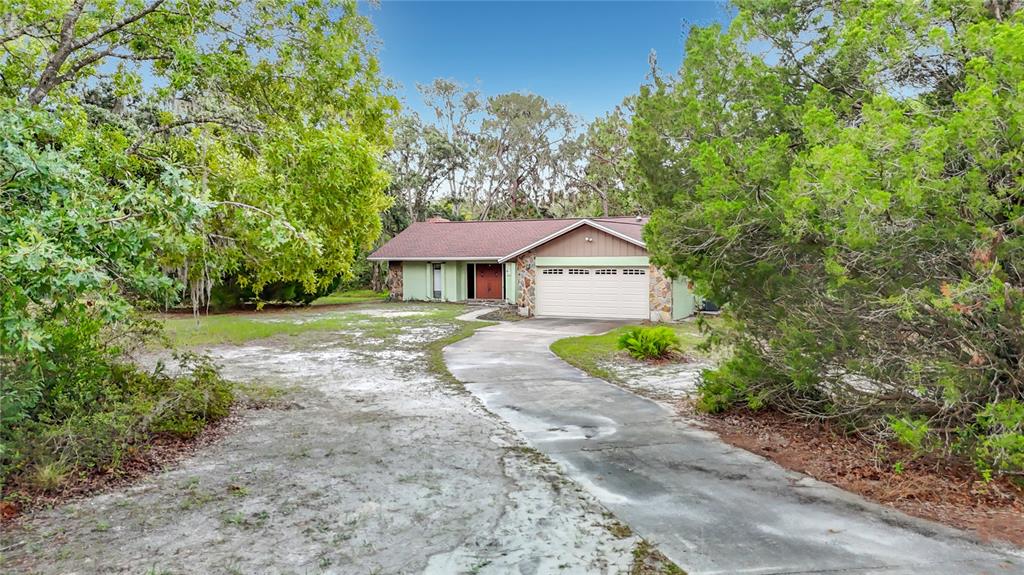 A single-story house with a stone facade and a concrete driveway surrounded by trees — 10050 DEER LANE, NEW PORT RICHEY, FL