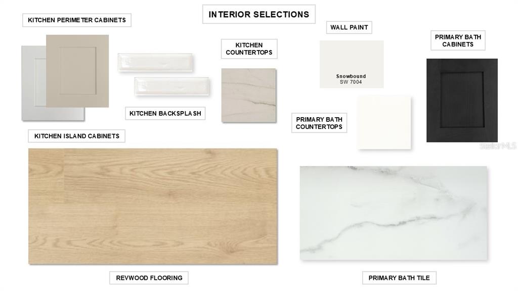 This interior design selection board displays samples of flooring, cabinetry, countertops, tile, and paint colors — 3904 COUNTRY VIEW COURT, BRADENTON, FL