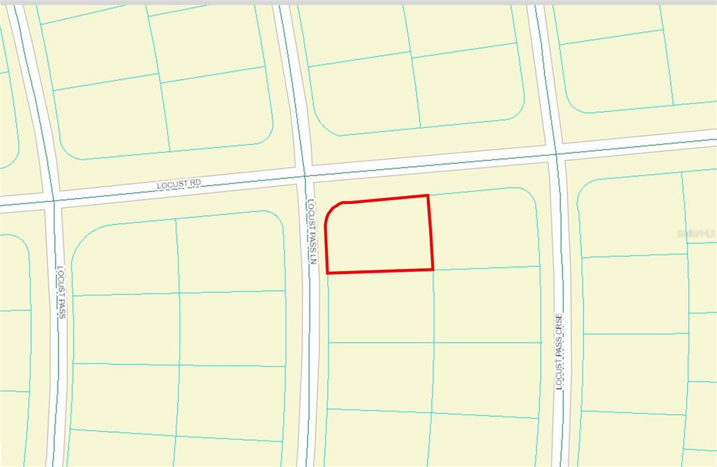 This is a map showing a highlighted parcel of land at a street intersection — Lot 1 LOCUST PASS COURSE, OCALA, FL