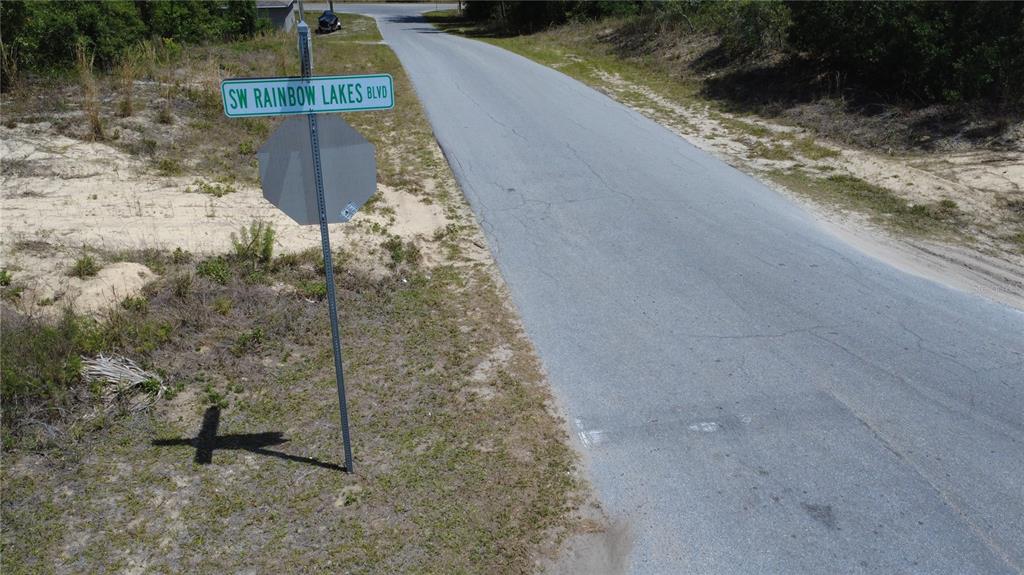 A street sign for SW Rainbow Lakes Blvd stands beside a paved road in a rural area — SW RAINBOW LAKES BOULEVARD, DUNNELLON, FL