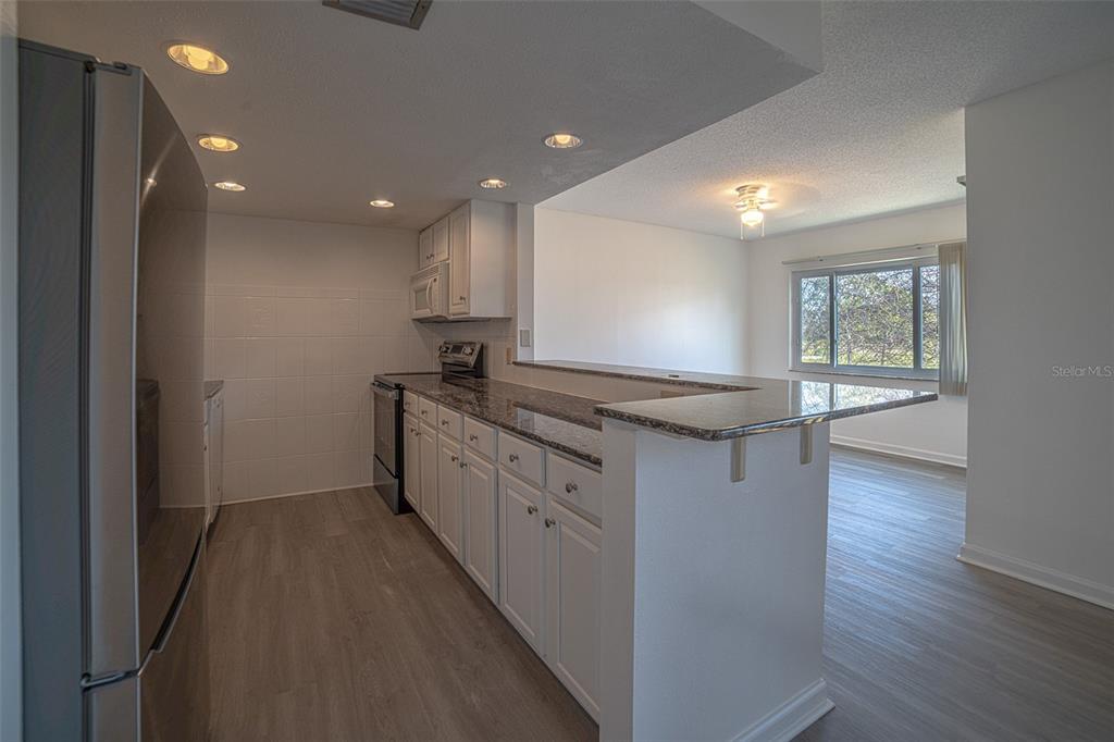 A kitchen with white cabinets, granite countertops, and stainless steel appliances overlooks a living area — 629 N KEENE ROAD UNIT T11, CLEARWATER, FL