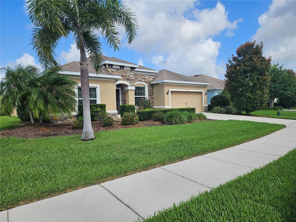 A single-story suburban house with a stone facade, palm tree, and attached two-car garage — 924 BUTTERCUP GLEN, BRADENTON, FL