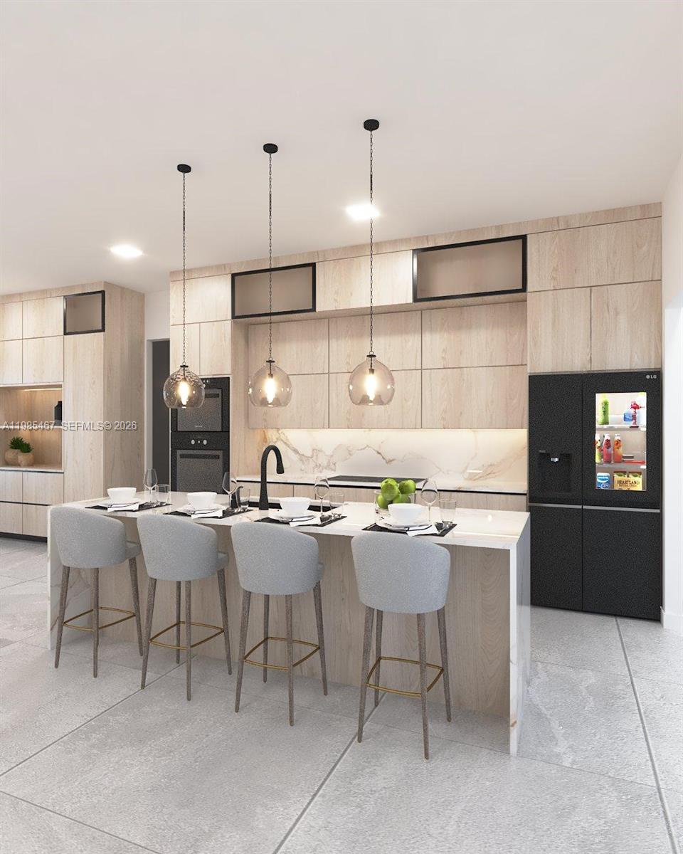 This is a rendering of a modern kitchen featuring light wood cabinetry and a marble island — 13004 Davie Oaks Dr, Davie FL 33325, DAVIE, FL